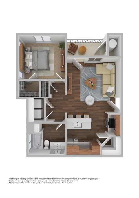 Floor plan for 1 bed, 1 bath, 614 sqft